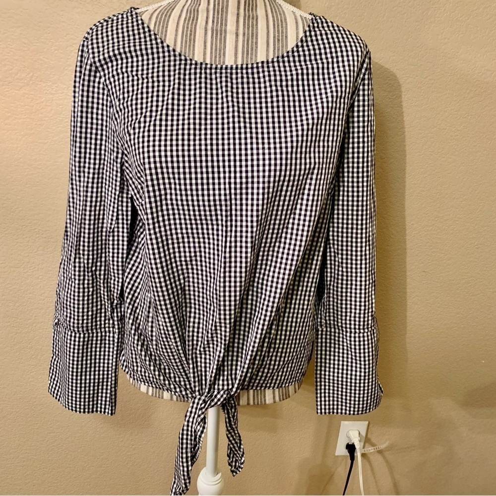 NEW Max Jeans Top Large Black & White Gingham Pullover Long-Sleeved Front Ties